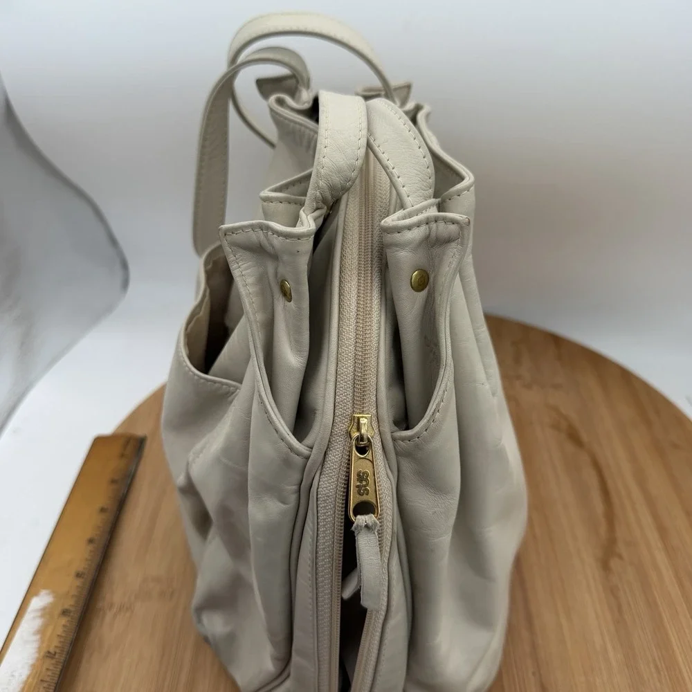 SAS Vintage Cream Leather Multicompartment Handbag Purse Shoulder Bag‎